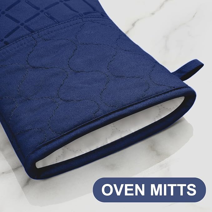 Oven Mitts Pot Holders Sets/Kitchen Towels and Dishcloths, Oven Gloves Kitchen Dish Towels 500 Degree Heat Resistant Potholders with Non-Slip Silicone Surface for Cooking, Grilling, Baking-Marine Blue - Image 4