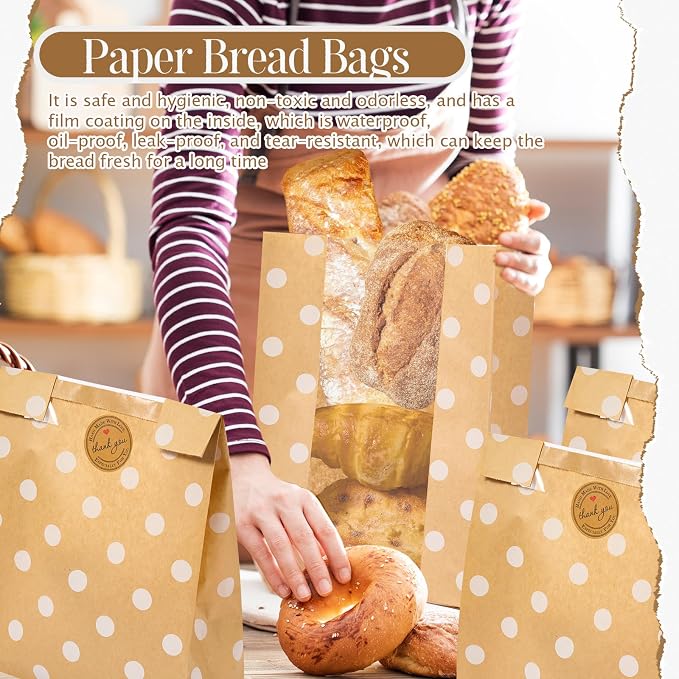 Feifeiya 100 Pack Kraft Paper Bread Bags for Homemade Sourdough Bread with Window & Stickers, 13.7x8.3 Large Bakery Bags for Loaves Greaseproof Food Packaging for Baking Gifts, Brown(Classic) - Image 4