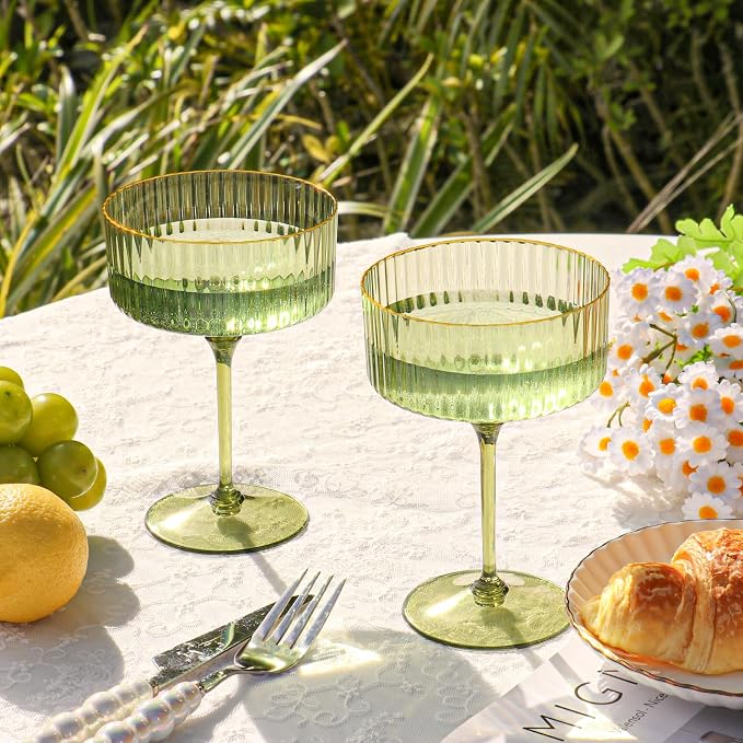 12 PCS Gold Rim Plastic Champagne Coupe Cup Sage Green Ribbed Coupe Glasses 10oz Detachable Espresso Martini Glass Vintage Margarita Glassware Cocktail Glass Set for Baby Shower Christmas Wedding - Image 2
