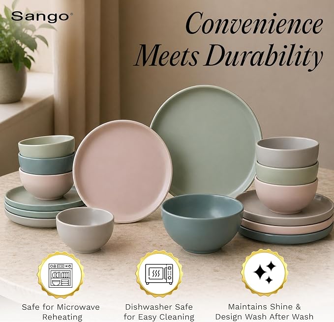 Sango 16-Piece Stoneware Dinnerware Set for 4, Satin Glazed Plates and Bowls Sets with Matte Finish, Ceramic Dish Set, Durable Kitchen Dishes, Microwave & Dishwasher Safe Dining, Rollo Artist's Blend - Image 4