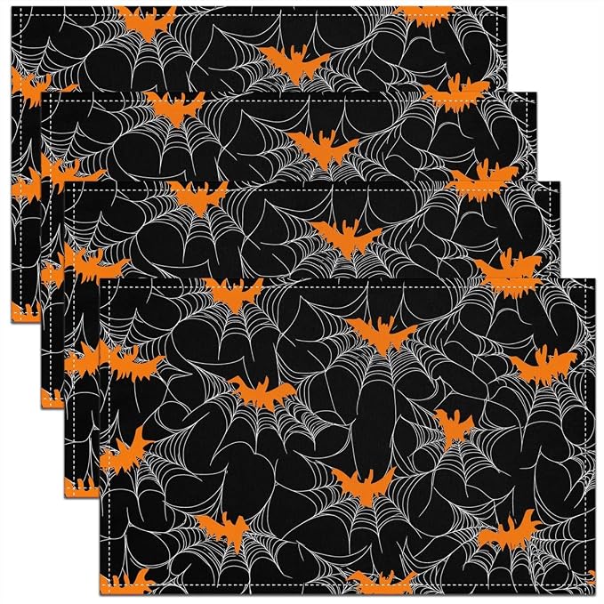 Feelyou Happy Halloween Placemats Set of 4 Spider Web Table Mats for Party Kitchen Dining Decoration Deep Black Orange Place Mat for Table Holiday Decor Indoor Outdoor 18"x12" Non-Slip Bats Pattern by Feelyou