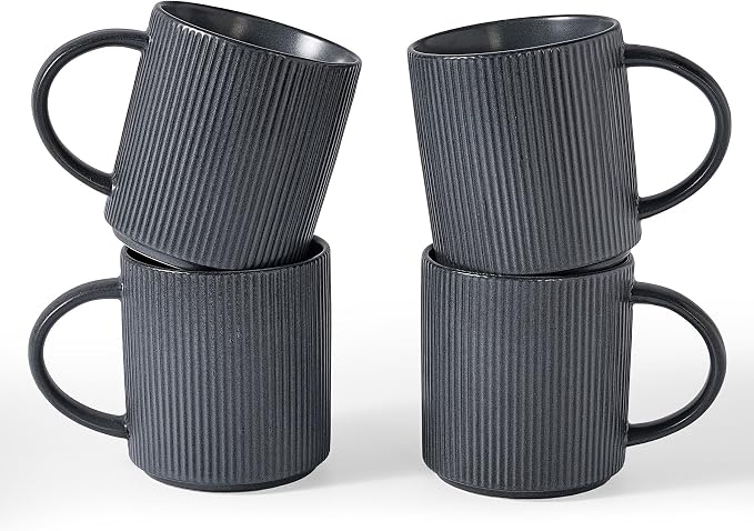 famiware Coffee Mug Set for 4, Star 16 oz Catering Mugs Cup Set with Handle for Coffee, Tea, Cocoa, Milk - Ceramic Stoneware Drinkware Set, Matte Dark Charcoal by Famiware