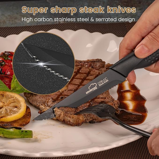 Amorston Steak Knives, Steak Knives Set of 8, Stainless Steel Steak Knife Set, Serrated Knives Dishwasher Safe, Elegant Black Mothers Day Gifts for Women - Image 2