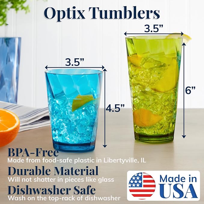 US Acrylic Optix Plastic Reusable Drinking Glasses (Set of 16) 14oz Rocks & 20oz Water Cups in Jewel Tone Colors | BPA-Free Tumblers, Made in USA | Top-Rack Dishwasher Safe - Image 2
