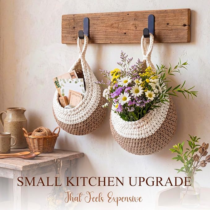Honeydak Boho Decor Hanging Wall Baskets for Kitchen 3 Pack Teardrop Baskets with Hooks Storage Fruit Onion Vegetable Potato for Home 3 Sizes(White with Light Linen,Teardrop,Cotton Rope) - Image 5