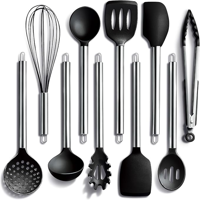 COOK WITH COLOR Silicone Cooking Utensils, Kitchen Utensil Set, Easy to Clean Silicone Kitchen Utensils, Cooking Utensils for Nonstick Cookware, Kitchen Gadgets Set, 10 Pieces, Black by CookwithColor