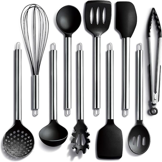 COOK WITH COLOR Silicone Cooking Utensils, Kitchen Utensil Set, Easy to Clean Silicone Kitchen Utensils, Cooking Utensils for Nonstick Cookware, Kitchen Gadgets Set, 10 Pieces, Black by CookwithColor
