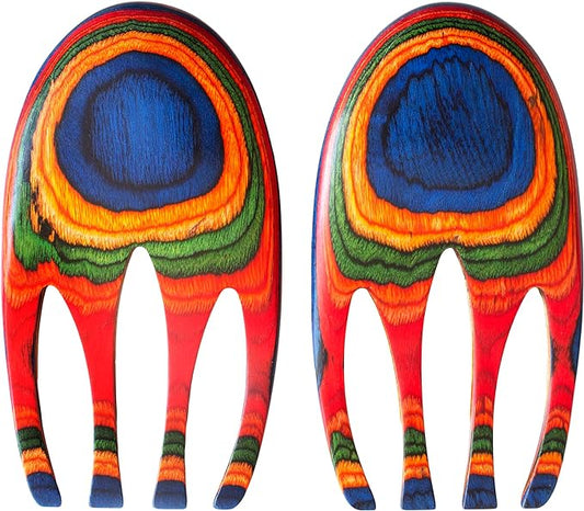 Baltique Marrakesh Salad Hands, Colorful Wood Salad Tongs Alternative | 2-piece salad claw servers. Colorful layered wood. Wide scoop for tossing greens, pasta, fruit. Bowl-grip knob catches rim. by TotallyBamboo