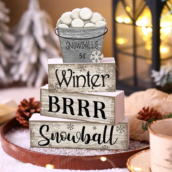 Moucuny 4 Pcs Winter Table Decorations Winter Tiered Tray Decor Christmas Table Centerpiece Rustic Decorative Snowball Snow Bucket Block Sign Farmhouse Christmas Decorations for Home Kitchen Shelf - Image 2