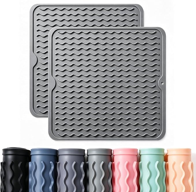 2 Pack Caketime Silicone Dish Drying Mat for Kitchen Counter Coffee Bar Accessories Heat Resistant Waterproof Dining Under Sink Organizers Utensil Holder Decor Must Haves 12"x12" Gray by CAKETIME