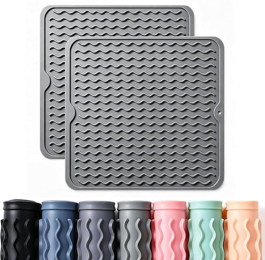 2 Pack Caketime Silicone Dish Drying Mat for Kitchen Counter Coffee Bar Accessories Heat Resistant Waterproof Dining Under Sink Organizers Utensil Holder Decor Must Haves 12"x12" Gray by CAKETIME