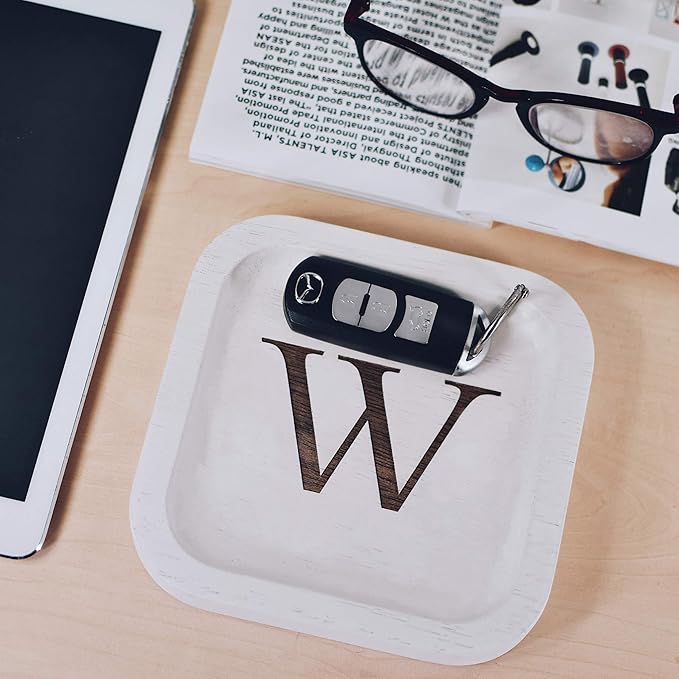I'm Wooden Personalized Letter Catchall Valet Tray Trinket Dish Jewelry Tray Key Bowl Decorative Plate Organizing Ring Earrings Necklaces Bracelet Watch Coins Wallet Holder (6"x6" Sq White W)