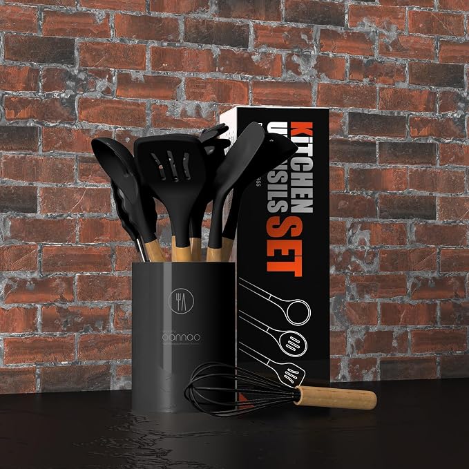 oannao Silicone Cooking Utensils Set - 446°F Heat Resistant Silicone Kitchen Utensils for Cooking,Kitchen Utensil Spatula Set w Wooden Handles, BPA FREE Gadgets for Non-Stick Cookware (Black) - Image 5