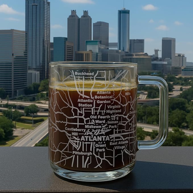 Greenline Goods – Atlanta, GA Map Glass Coffee Mugs (Set of 2), 16 oz – Etched Wrap Design