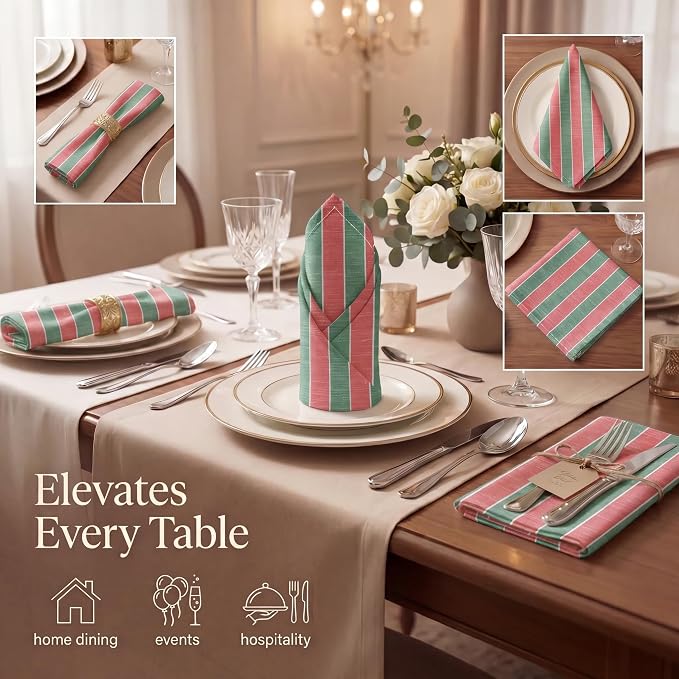 Urban Villa Cloth Napkins Cotton 20x20 (Set of 12) Cristmas Stripes - Image 2