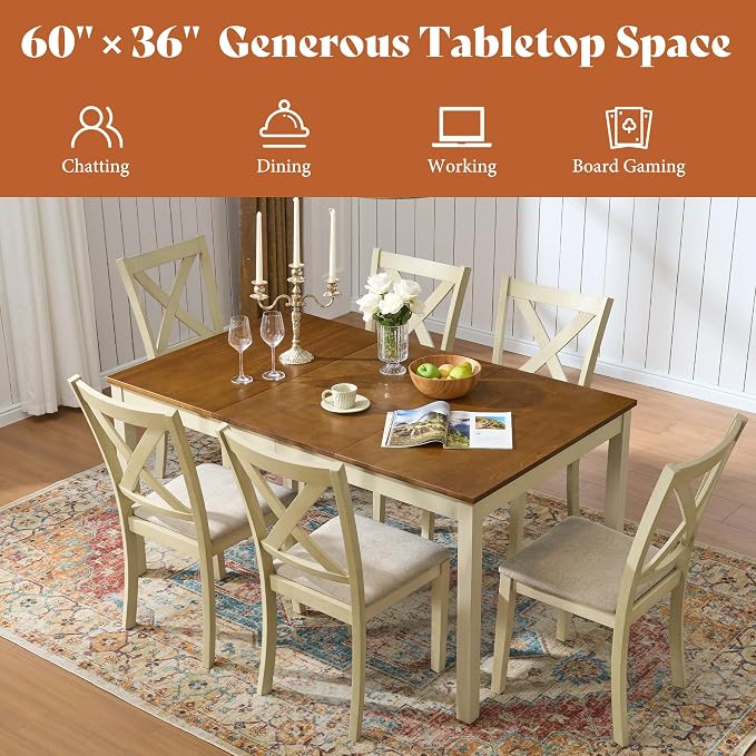 AMERLIFE 7-Piece Farmhouse Solid Wood Dining Table Set for 6, Rustic Cream | 60" Solid Wood Table, 6 Upholstered Chairs, Space-Saving Design, Rustic Dining Set, Dining Room and Kitchen Use - Image 8