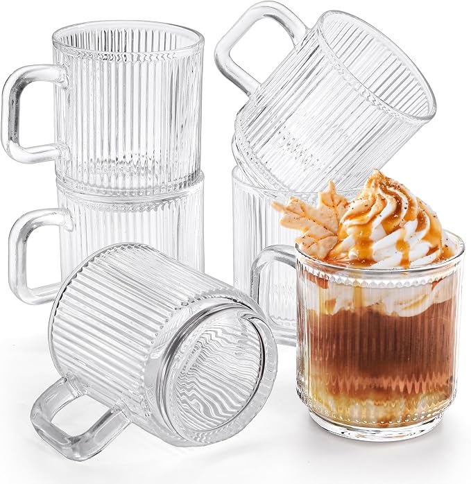 Noamus 6 Pack Premium Glass Coffee Mugs with Handle, 12 Oz Classic Vertical Stripes Glass Tea Cups, Transparent Ribbed Beverage Mugs, Clear Vintage Glassware Set for Hot Cold Americano, Cappuccino by Noamus