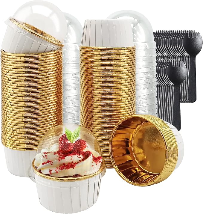 LNYZQUS 5.5 Oz Foil Cupcake Tins Baking Cups, Disposable Ramekins Muffin Tins, Large Cupcake Cups with Spoons-White in Gold by LNYZQUS
