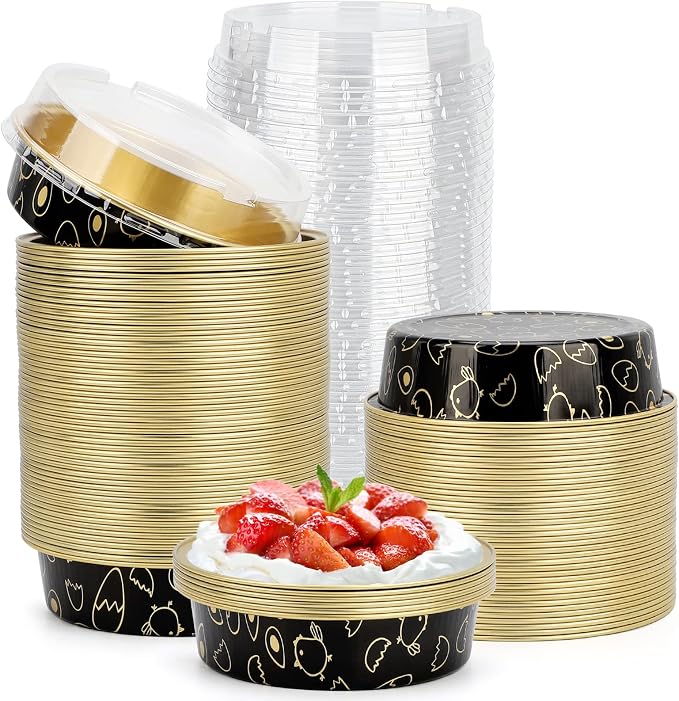 Beasea Mini Tart Pan 100 Pack with Lids, 4 Inch 8oz Gold Black Disposable Aluminum Baking Foil Tins Small Round Tart Containers for Individual Dessert Muffin Cheesecake Ramekins Quiche Oven Dishes by Beasea