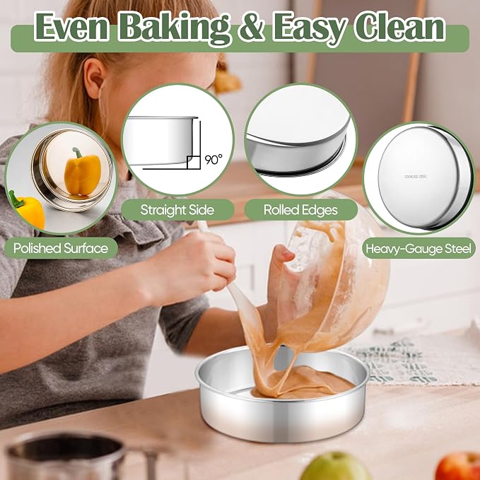 E-far 7 Inch Cake Pan Set of 2, Stainless Steel Round Baking Pans Tins Mold - Non-Toxic & Leak-Proof for Birthday Wedding Layer Tiered Cake, Easy Clean & Dishwasher Safe - Image 3