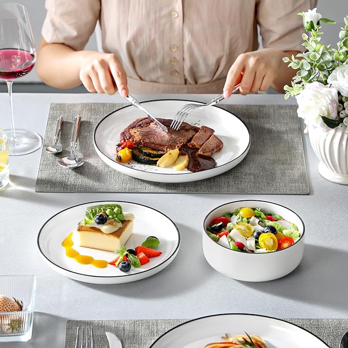 MALACASA 18 Pcs Porcelain Plates and Bowls Sets,Dinnerware Set for 6,White | Modern Ceramic Dishware Set,Kitchen Dining Ware,Microwave and Dishwasher Safe,Simple White with Black Trim Design,Series LUNA - Image 5