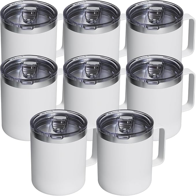 8 Pack 12oz Insulated Coffee Mug with Lid – Double Wall Stainless Steel Travel Cups with Handle, Keep Hot & Cold Drinks, Ideal Gift for Coffee Lovers, Home, Office & Camping, White by avodvo