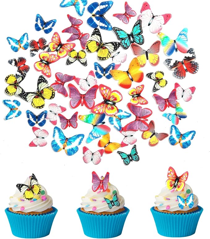 Weraru 48Pcs Edible Cake Butterfly Decoration Cake Toppers Birthday Party Cupcake Toppers Mixed Size & Colour by Weraru