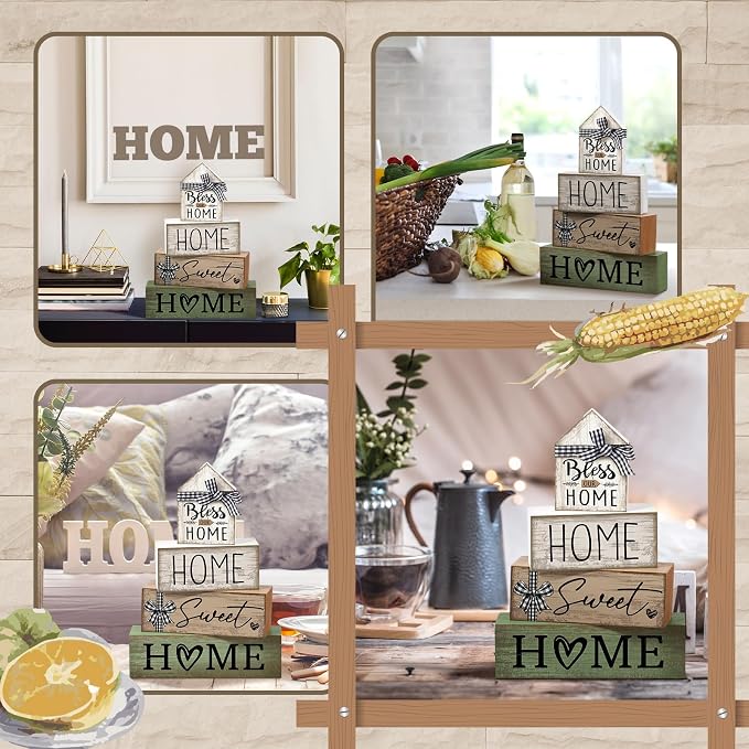 Moucuny 4 Pcs Wooden Farmhouse Table Decor Rustic Home Sweet Home Stacked Blocks Decoration Farmhouse Tiered Tray Decor Decorative Eucalyptus Block Signs Bless Gift for Kitchen Shelf Coffee Table - Image 5