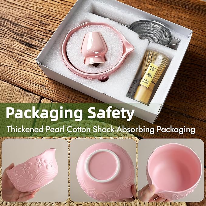 Matcha Whisk Set, Pink Matcha Set, Ceramic Matcha Kit, Matcha Tea Set Includes Matcha Bowl, Matcha Whisk, Matcha Whisk Holder, Bamboo Scoop, Powder Sifter - 7 Pcs Matcha Set Christmas Gifts for Women