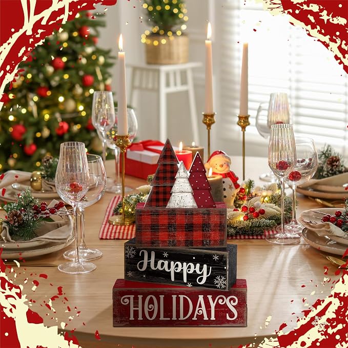 Moucuny 4 Pcs Christmas Table Decor Wooden Tree Decoration Christmas Centerpiece Winter Tiered Tray Decor Decorative Red and Black Buffalo Plaid Block Signs Gift Farmhouse Xmas Decoration for Kitchen - Image 4