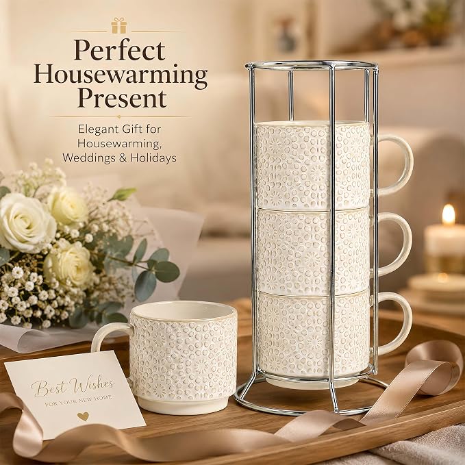 6 Oz Coffee Cups Set of 4, Stackable Espresso Cups with Metal Stand, Ceramic Cappuccino Cup, Embossed Coffee Mugs for Latte, Cocoa, Mocha, Tea, Housewarming Present, Dishwasher Safe - Image 6