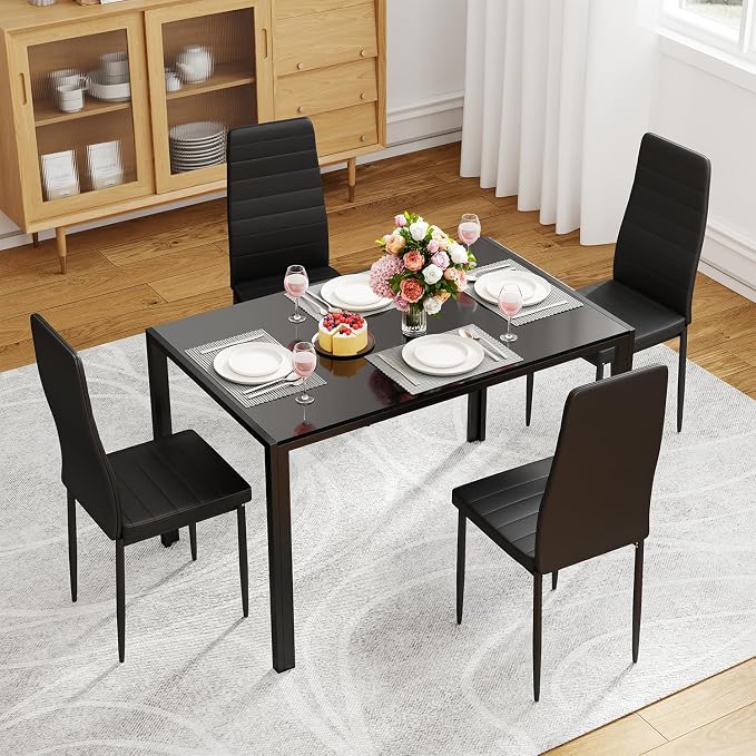 FDW | Dining Table Set for 4 | 5-Piece Glass Black Dining Table | Kitchen Table with 4 Upholstered Chairs and Faux Leather Cushions | Space-Saving and Modern Design | for Dining Room, Easy to Assemble - Image 2