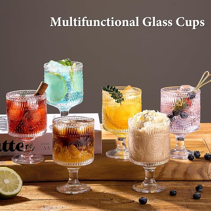 6 Packs Vintage Goblet Glasses, 8 oz Wine Glasses, Embossed Floral Glass Cups Set, Clear Drink Glasses, Drinking Goblets, Bar Tumbler Glassware for Iced Tea, Wine, Beer, Juice, Cocktail, Whiskey - Image 2