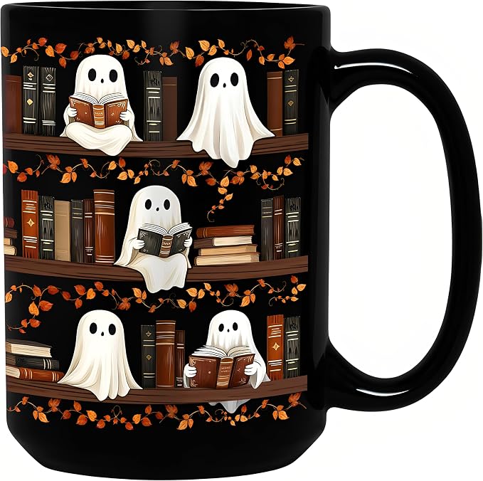 Halloween Ghost Reading Coffee Mug, Bookshelf Tea Cup, Black, 15oz | Ceramic, With Handle, Spooky Book Mug for Book Lovers & Readers, Novelty Festive Bookish Gift for Women, Friends, Coworkers by BORULEEY
