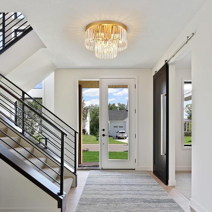 17" 9 Light Gold Crystal Ceiling Light for Dining Room | K9 Crystal, 2 Tier, E12 Base, Adjustable Color Temperature, Flush Mount, for Kitchen Island Living Room Bedroom Entryway - Image 7