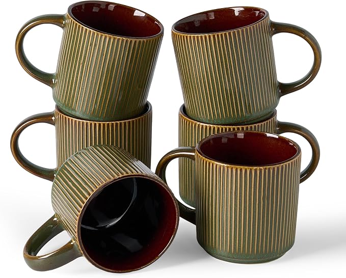 famiware Coffee Mug Set for 6, Star 12 oz Catering Mugs Cup Set with Handle for Coffee, Tea, Cocoa, Milk - Ceramic Stoneware Drinkware Set, Moss Cocoa by Famiware