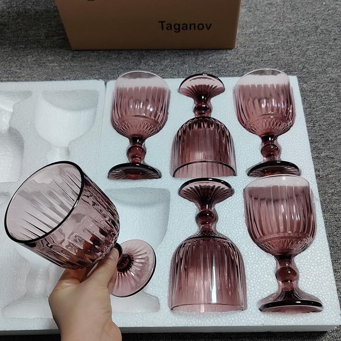 Taganov Purple Glasses Drinking set of 6 Colored Wine Water Stemware Pink Goblets Glassware 11 oz for Wedding Party Bar Vertical Embossed Pattern Stemmed Cups 330 ml - Image 3