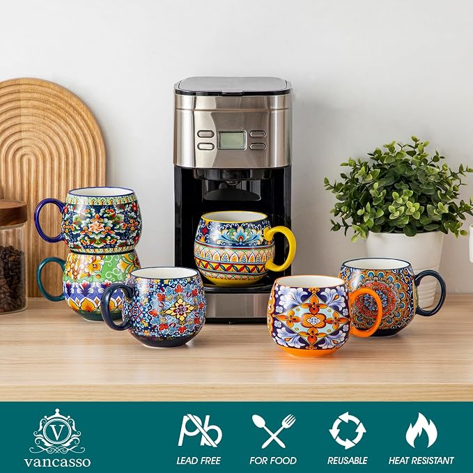 vancasso Coffee Mugs Set of 6, 18oz Ceramic Coffee Cups, Colorful | Porcelain Coffee Mugs for Cappuccino, Latte, Espresso, Bohemian Mugs with Handle for Daily Use, Microwave & Dishwasher Safe - Image 4