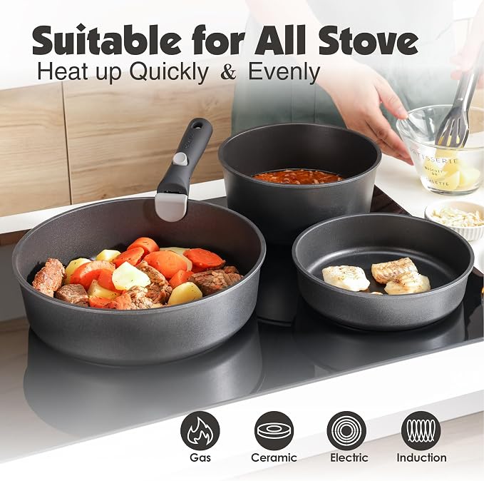 SENSARTE 24 Piece Nonstick Detachable Handle Pots and Pans Set Black | Removable Handle Cookware Set, Induction Cookware Set with Removable Handle, Healthy Non Stick for RV, Dishwasher ＆ Oven Safe - Image 5