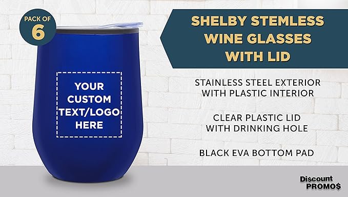 Custom Stemless Wine Tumblers 12 oz. Set of 6, Personalized Bulk Pack - Insulated, Perfect for Wine, Cocktails, Other Hot & Cold Beverages - Blue