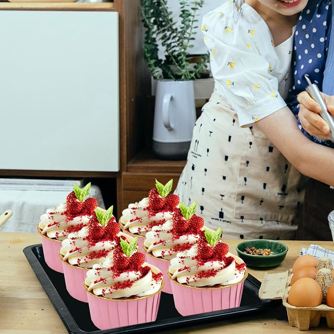 Cupcake Liners with Lids 50 Pack,LNYZQUS 5oz Large Foil Cupcake Cups Muffin Tins,Disposable Baking Cups Muffin Liners Wrappers Holders for Wedding Valentine-Pink in gold - Image 2