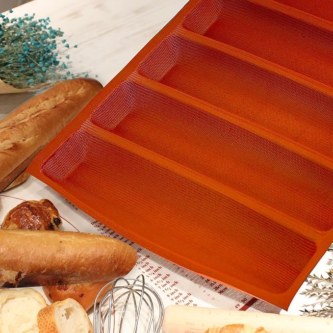 Silicone Perforated Baking Forms Sandwich Mold French Baguette Bread Pan Food Mat 5 Loaf Non-Stick Baking Liners (Orange)