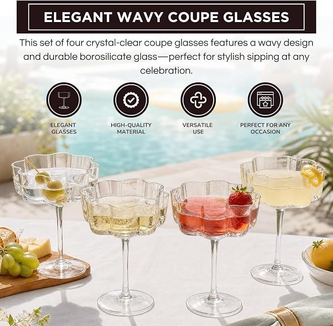 Flower Scalloped Vintage Wavy Petals Wave Glass Coupes 7oz Colorful Martini, Champagne & Cocktails, 4 Set Clear Rippled Champagne Glasses, Elegant Bar Glassware, Unique Aesthetic Coupe Glassware Gifts - Image 4