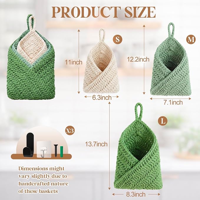 Honeydak Boho Decor Hanging Wall Baskets for Kitchen 3 Pack Teardrop Baskets with Hooks Storage Fruit Onion Vegetable Potato for Home 3 Sizes(Sage Color Palette,Triangle,Cotton Rope) - Image 2