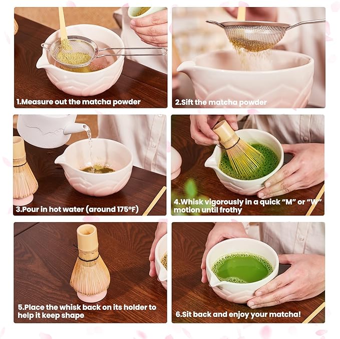 Matcha Whisk Set, Lotus Gradient Pink Ceramic Matcha Set Includes Matcha Bowl, Matcha Whisk (Chasen) and Holder, Sifter, Bamboo Scoop & Spoon - 6 Pcs Matcha Kit for Matcha Lovers