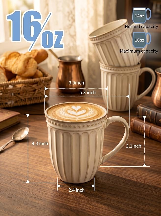 HASENSE Textured Coffee Mugs Set of 4, 16 Oz Ribbed Ceramic Cups with Large Handle for Latte Tea Cappuccino, Stackable Embossed Mugs for Everyday Use, Microwave & Dishwasher Safe, Creamy Beige - Image 2