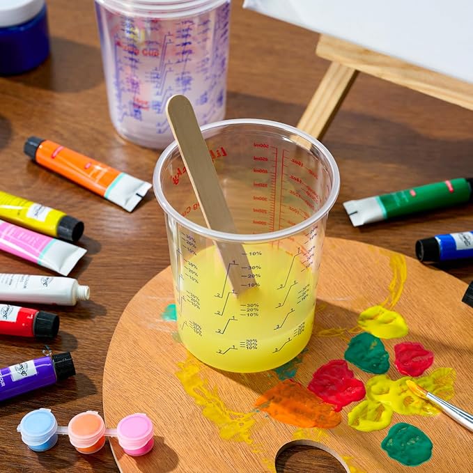 16 oz Plastic Mixing Cups, 100 Pack 16 oz (500ml) Disposable Measuring Cups with 100 Wooden Mixing Sticks, Can Be Used for Epoxy Resin, Liquid Measuring, Paint, Cooking and Baking