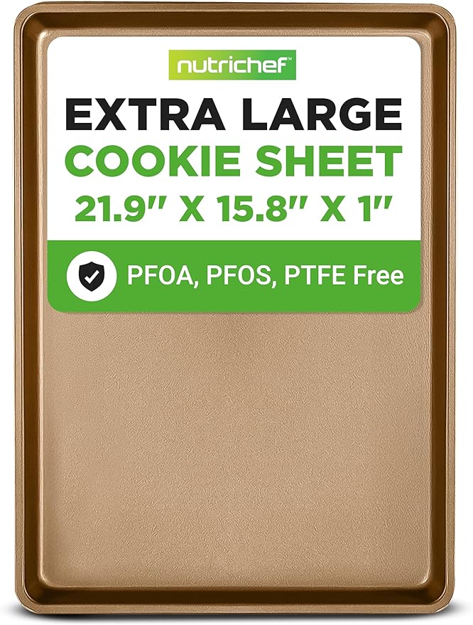 NutriChef Nonstick XL Cookie Sheet Baking Pan, Extra Large 22 Inch x 16 Inch, Carbon Steel Oven Baking Sheet for Cookies & Pastries, Gold - NCLG1GD by NutriChef%E2%84%A2Kitchen