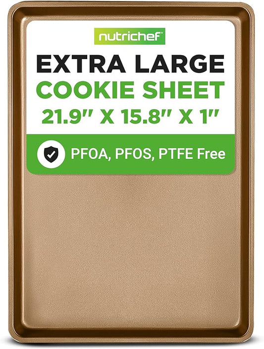 NutriChef Nonstick XL Cookie Sheet Baking Pan, Extra Large 22 Inch x 16 Inch, Carbon Steel Oven Baking Sheet for Cookies & Pastries, Gold - NCLG1GD by NutriChef%E2%84%A2Kitchen
