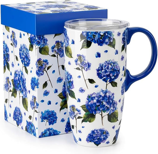 Topadorn 17oz Ceramic Travel Mug with Lid, Blue Hydrangea Coffee Mug | Floral Coffee Cup, Microwave & Dishwasher Safe, Gift Box Included by Topadorn
